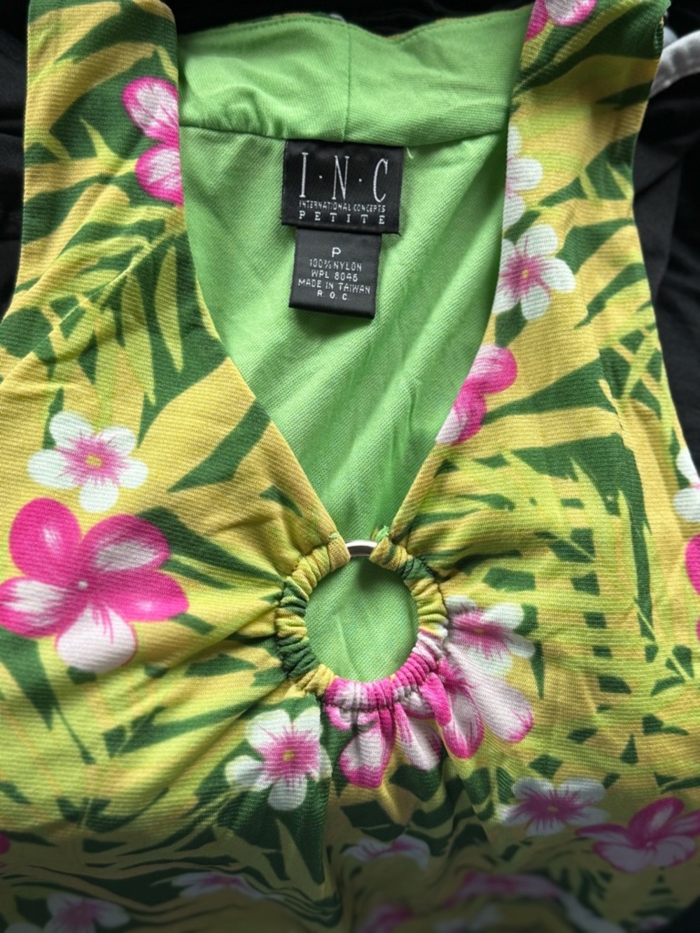 I.N.C. Petite Tropical Floral Halter Top - Green & Pink